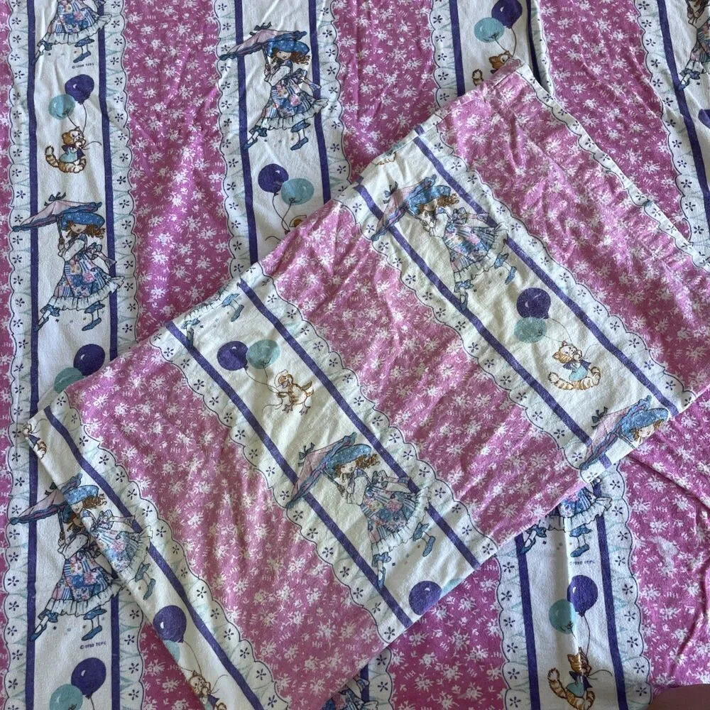 Holly Hobbie  1990 Twin Flat Sheet  And Standard Pillow Case Pink Flannel